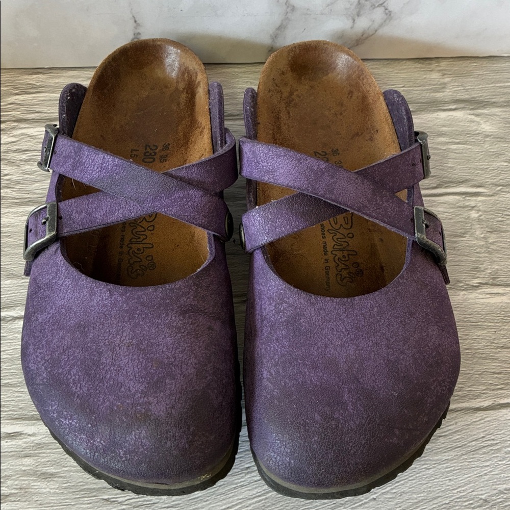 Birkenstock Birki's Dorian Purple Leather Crisscross Clogs Size 36 - Picture 2 of 13